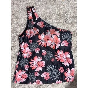 Womens Tropical Floral One Shoulder Tankini Top Black Pink Hibiscus Size Large